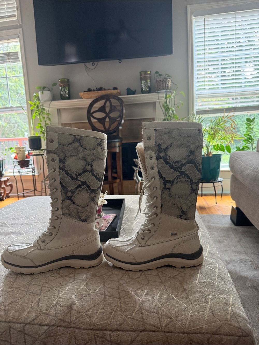 UGG White and Gray Snake-Print Lace-Up Winter Boots